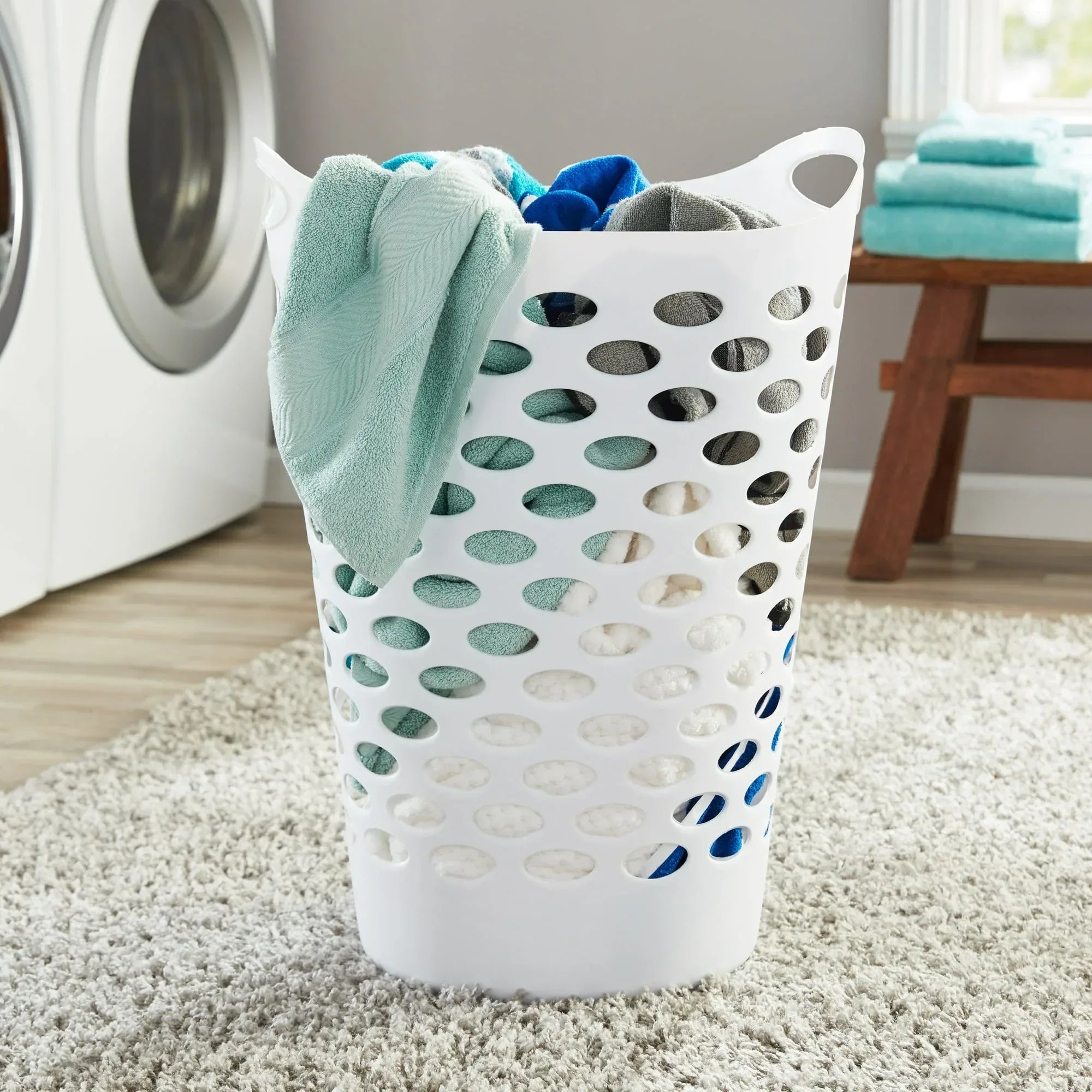 Mainstays Plastic Round Laundry Hamper, White, with Carrying Handles