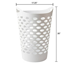 White round plastic laundry hamper, 26 in height and 17.25 in width
