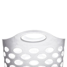 White plastic laundry hamper with oval carrying handle cutout