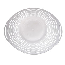 White round plastic laundry hamper with vented mesh pattern