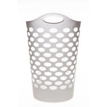 White plastic laundry hamper with round perforations and top carry opening