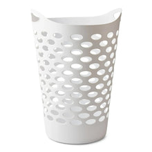 White perforated plastic laundry hamper with curved rim and open top