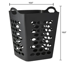 Black square laundry hamper with perforated sides and carry handles.