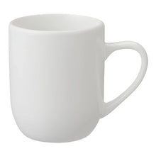 Glazed white stoneware mug with curved handle and open top
