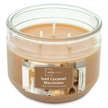 Caramel macchiato scented 3-wick candle in clear glass jar, tan wax and label