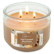 Caramel macchiato scented 3-wick candle with three flames in clear glass jar