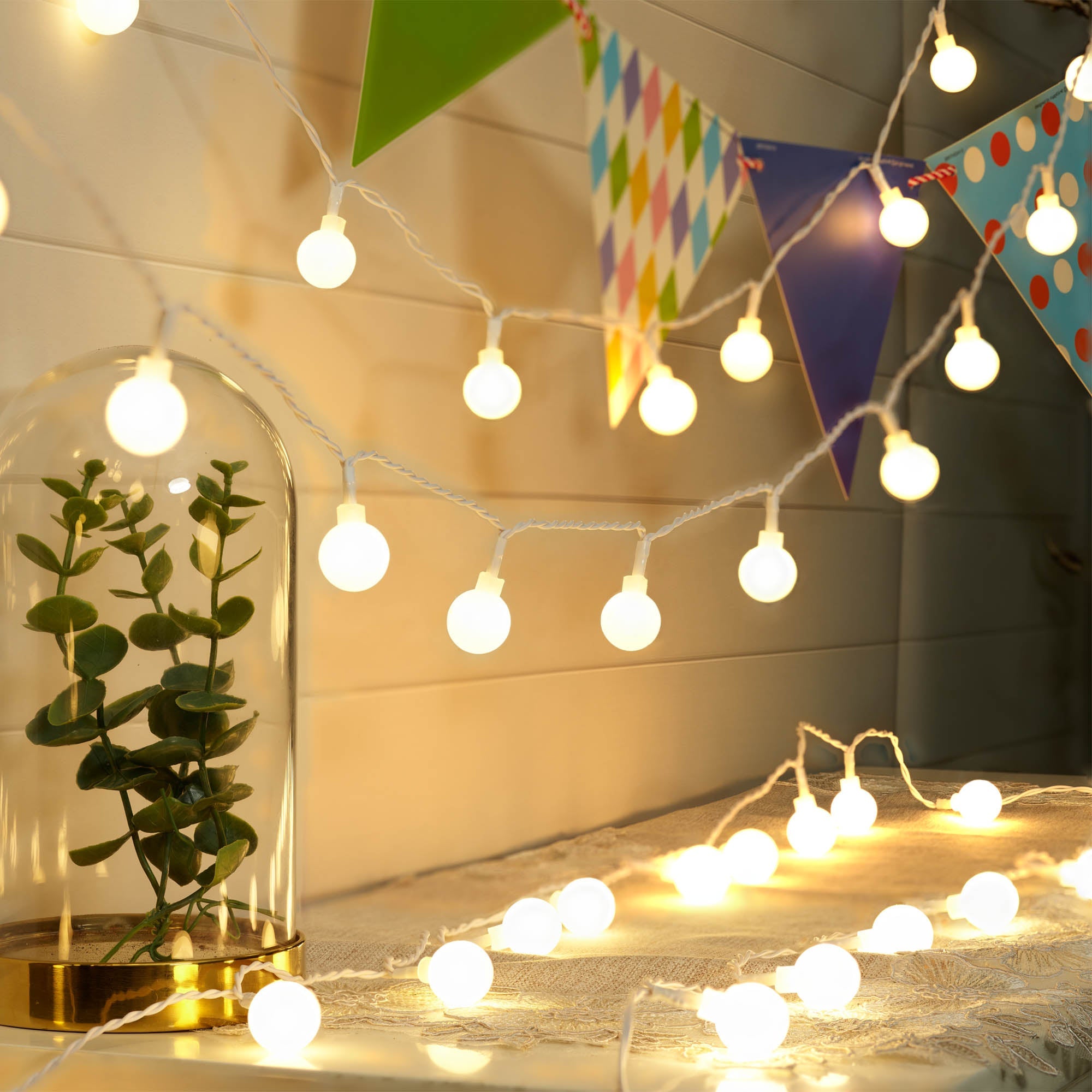 Mainstays Indoor 50-Count LED Globe Lights, with Frosted White G20 Globes, AC-Adaptor, 4.5 Volts