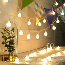 LED globe string lights with frosted white globes on a wire strand