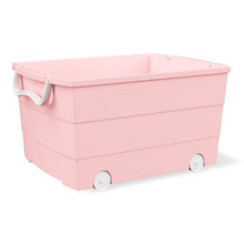 Pink plastic rolling toy storage basket with white handles and wheels