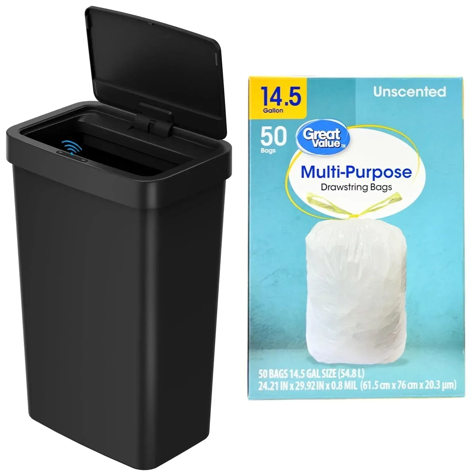 Mainstays Kitchen Automatic Trash Can, 13.2 Gallon Plastic Motion Sensor Garbage Bin, Black