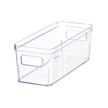 Clear plastic organizer bin with front handle and open interior, shown at an angle.