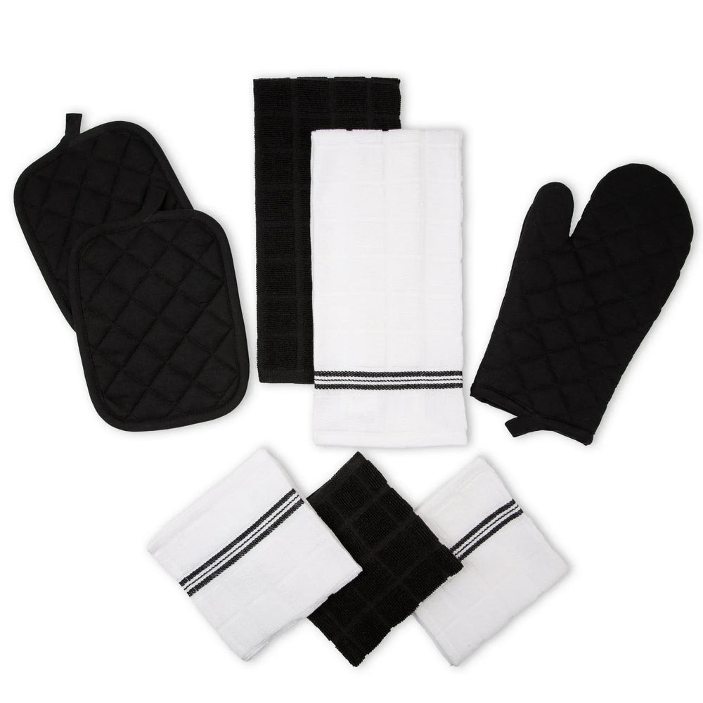 Mainstays 8-Piece Cotton Kitchen Towel, Dishcloth, Oven Mitt, and Pot Holder Set, Black - USA MEGA SHOP