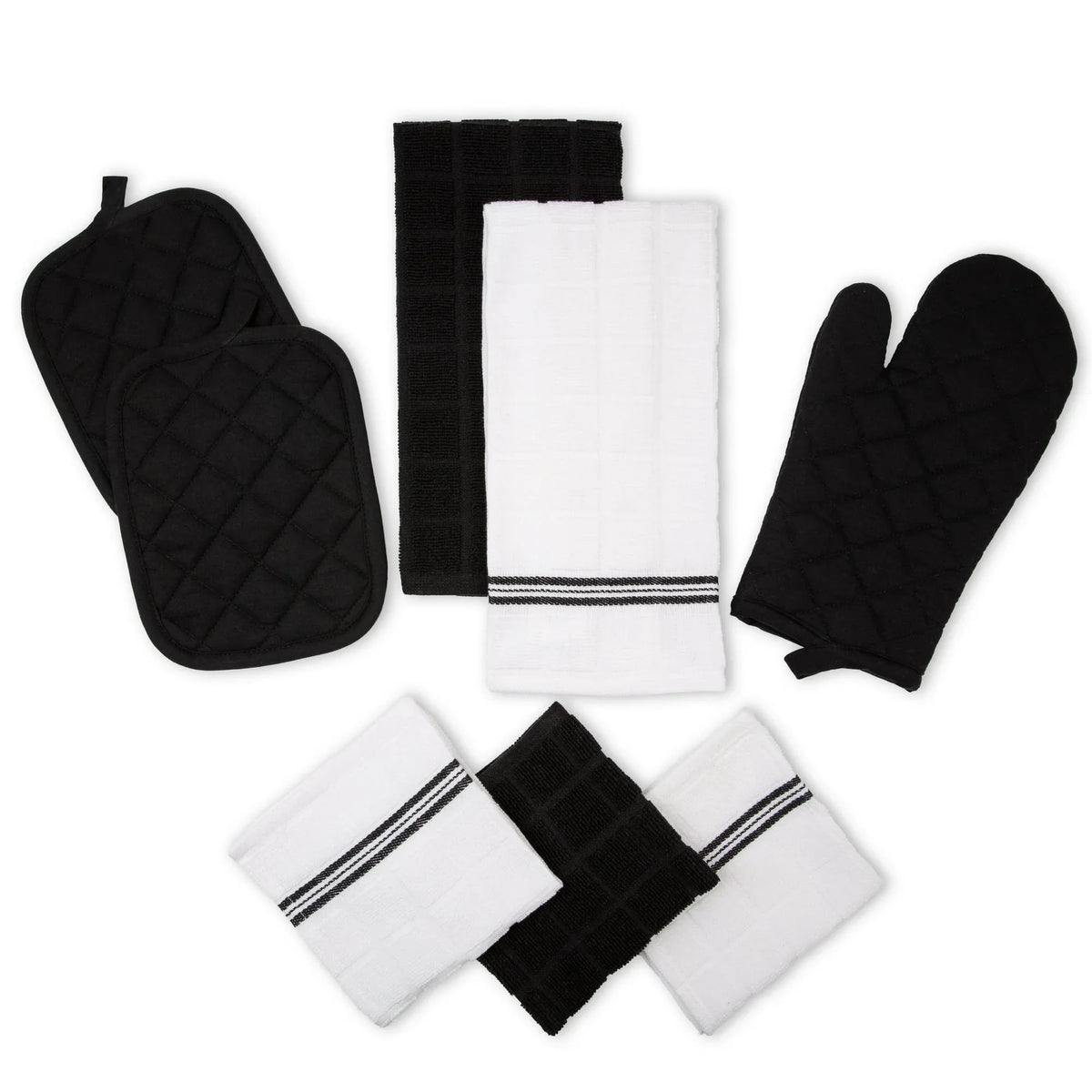 Mainstays 8-Piece Cotton Kitchen Towel, Dishcloth, Oven Mitt, and Pot Holder Set, Black - USA MEGA SHOP