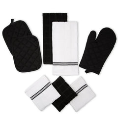 Mainstays 8-Piece Cotton Kitchen Towel, Dishcloth, Oven Mitt, and Pot Holder Set, Black - USA MEGA SHOP