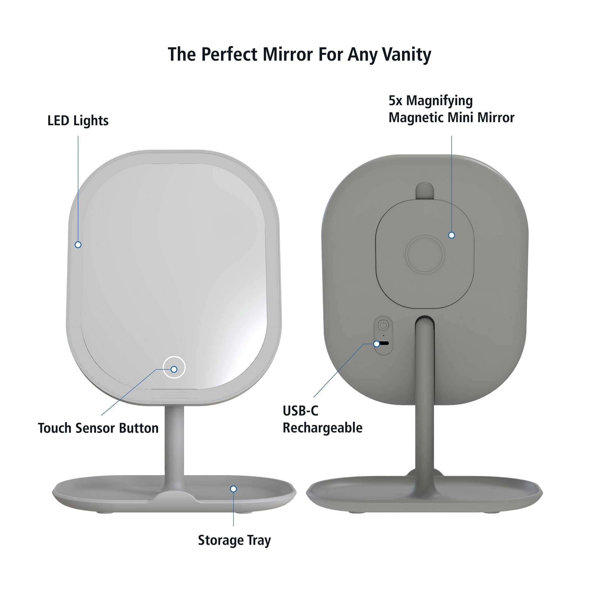 Mainstays LED Makeup Mirror, Rechargeable Vanity Mirror with Lights and Storage Tray Base