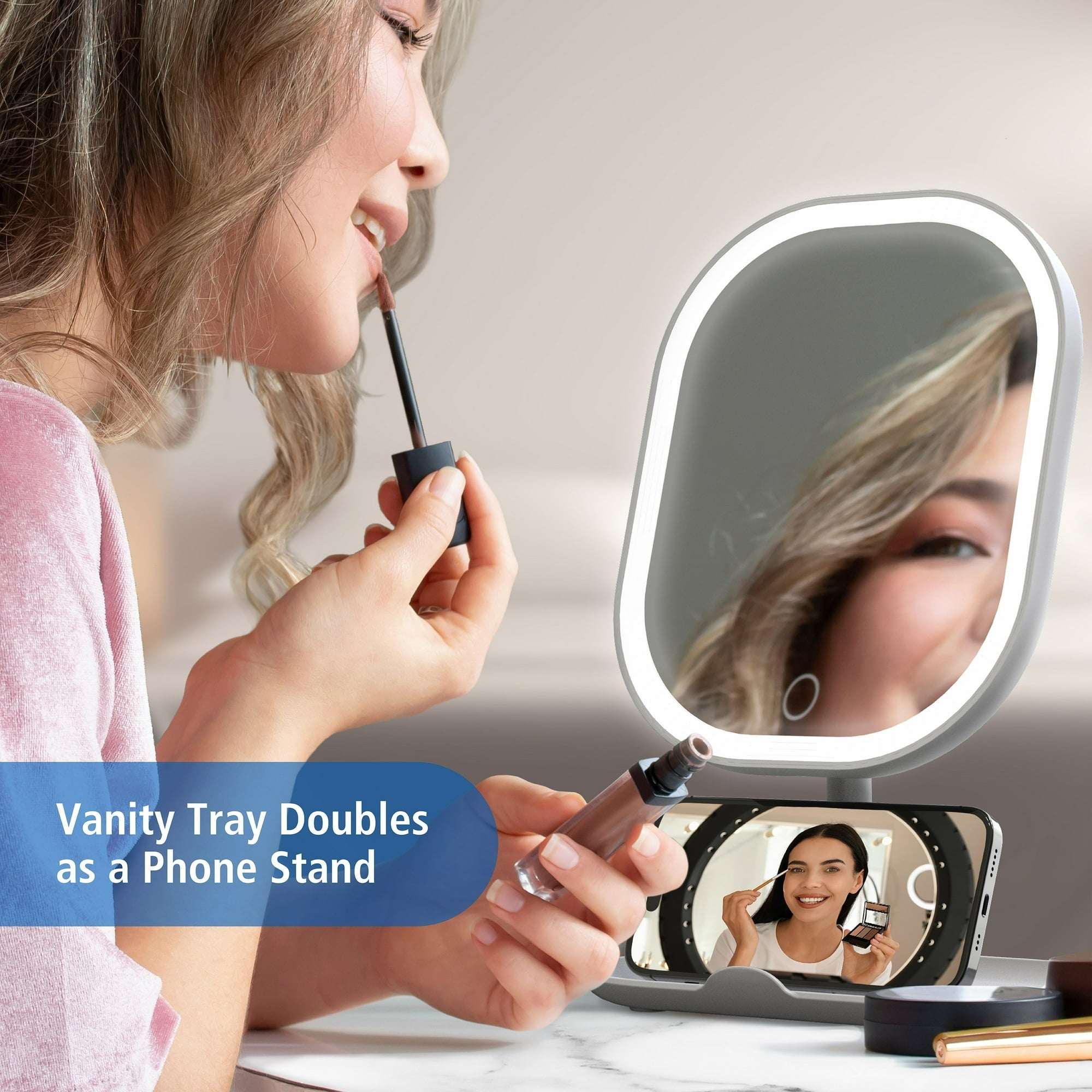 Mainstays LED Makeup Mirror, Rechargeable Vanity Mirror with Lights and Storage Tray Base