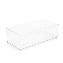 Clear plastic organizer bin with perforated base and open top, rectangular shape