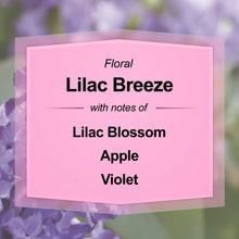 Lilac Breeze scented candle label showing floral notes: Lilac Blossom, Apple, Violet
