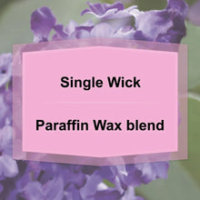 Lilac Breeze candle label: Single Wick and Paraffin Wax blend