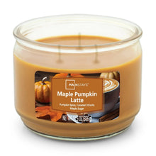 Glass jar candle with amber wax and Maple Pumpkin Latte label, unlit