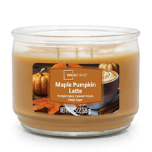 Glass jar candle with amber wax and Maple Pumpkin Latte label, three wicks