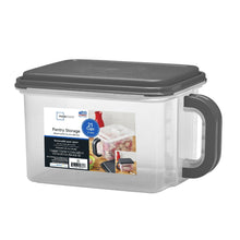 Clear plastic pantry storage canister with gray lid and side handle, 21-cup size