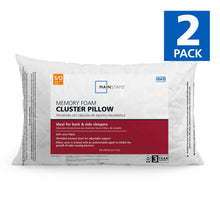 Memory foam cluster bed pillow set, white, 2-pack in retail packaging