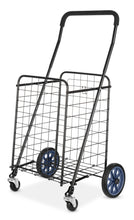MS shopping cart with wire basket, black frame, blue wheels, front view