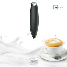 Black handheld milk frother wand with stainless whisk attachment