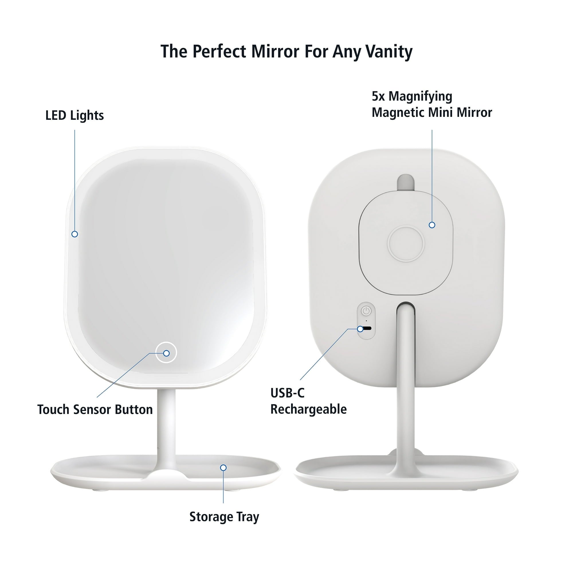 Mainstays LED Makeup Mirror, Rechargeable Vanity Mirror with Lights and Storage Tray Base