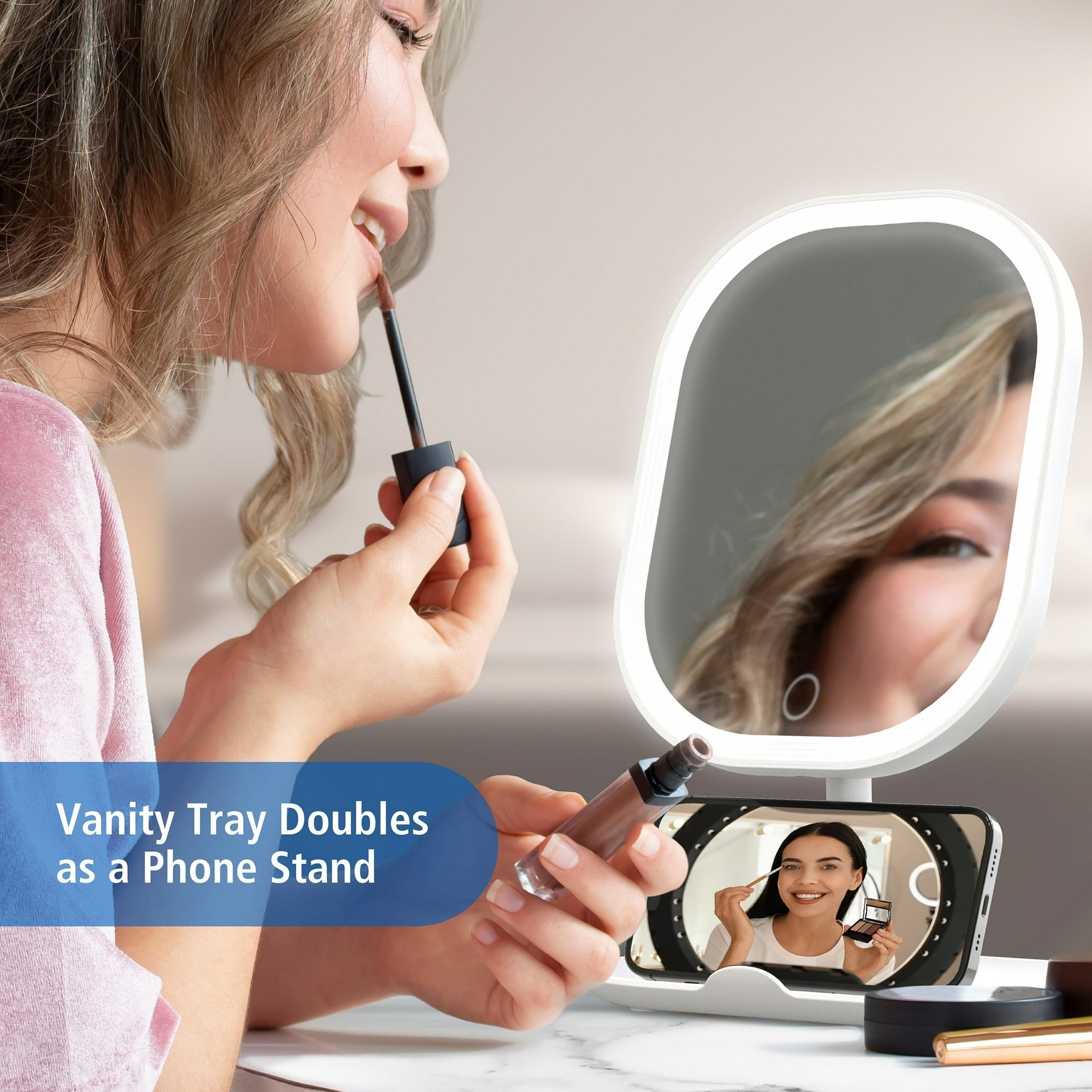 Mainstays LED Makeup Mirror, Rechargeable Vanity Mirror with Lights and Storage Tray Base