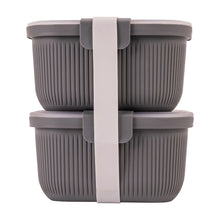 Grey rectangular plastic bento snack container, two stacked with flip latch
