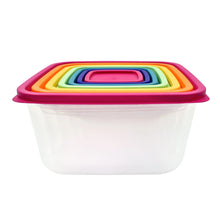Rainbow plastic food storage container with lid, white base and magenta rim