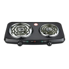 Portable double burner hot plate with two coil burners and control knobs