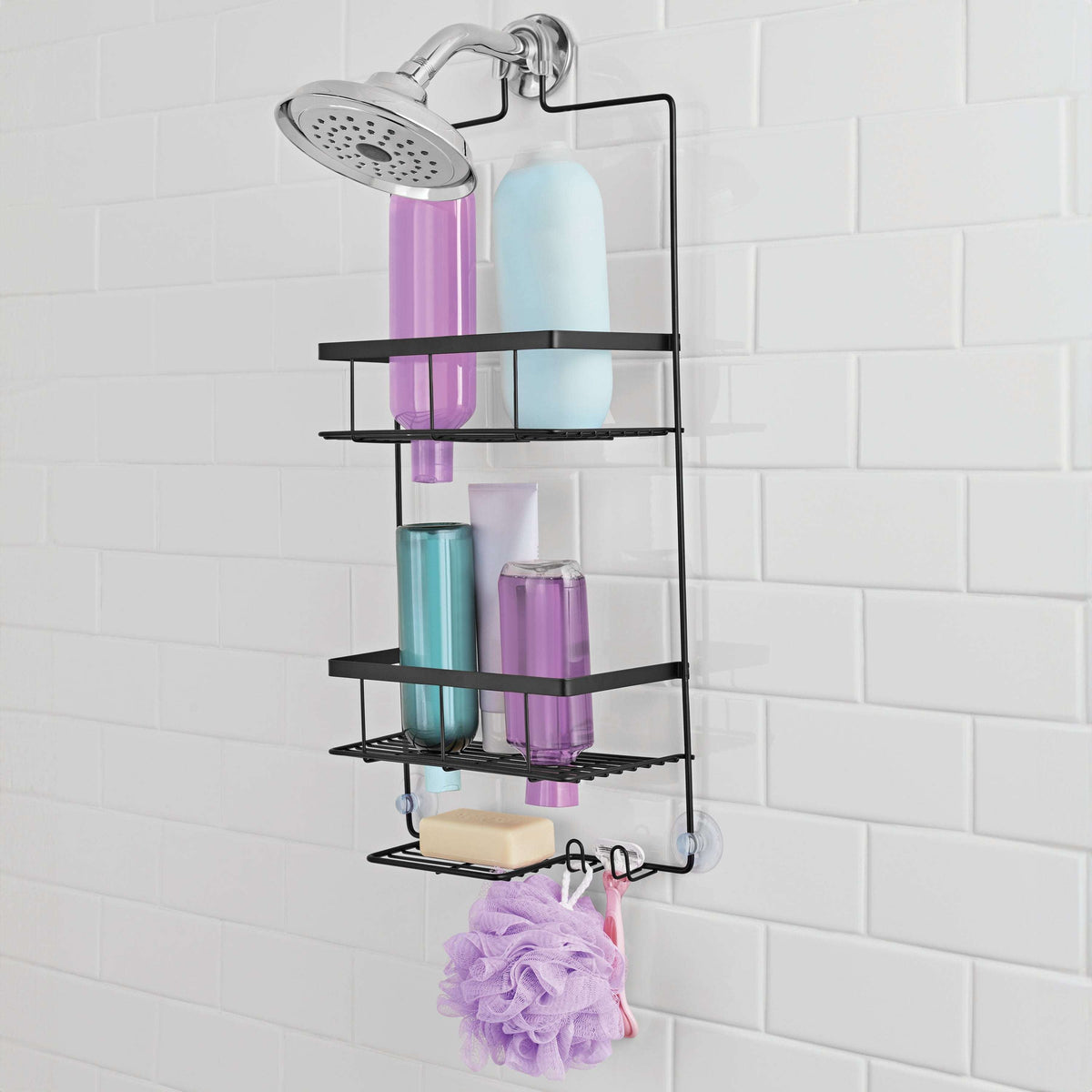 Cesto organizador para ducha colgante Mainstays de color negro mate premium con 2 estantes y jabonera