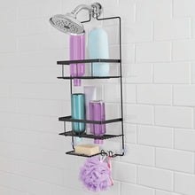 Black hanging shower caddy with 2 shelves and soap tray, secured to shower wall