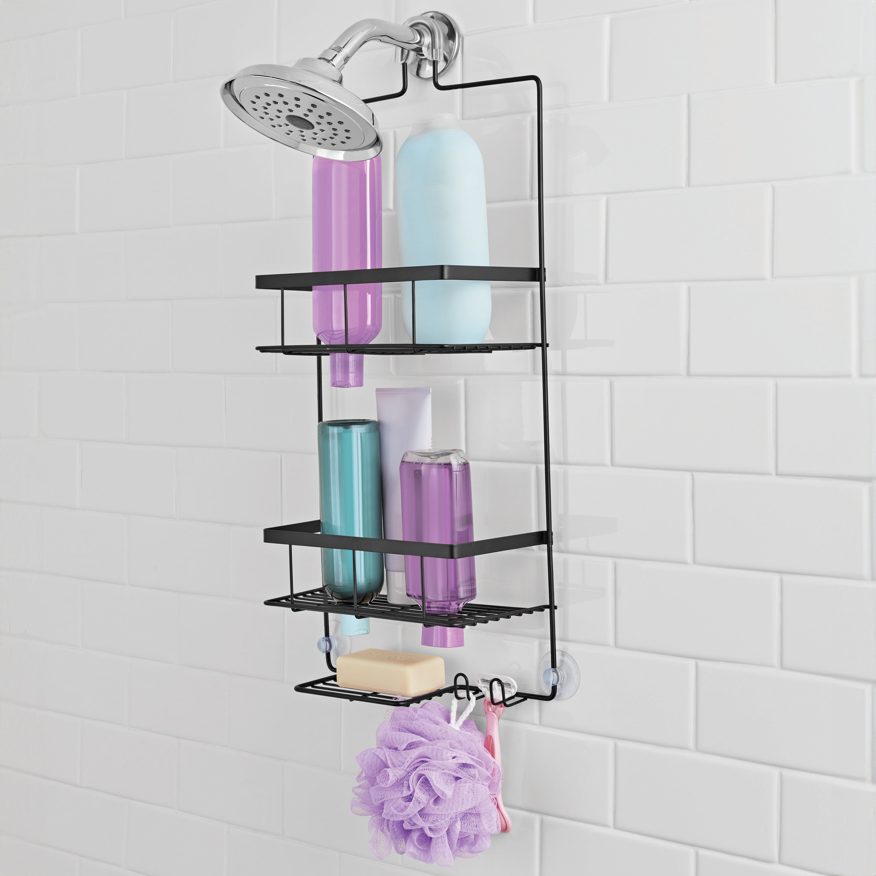 Mainstays Premium Matte Black Hanging Shower Caddy with 2 Shelves and Soap Tray