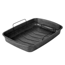 Speckled nonstick roasting pan with wire rack, dark gray rectangular shape