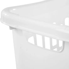 White rectangular open plastic hamper side view with cutout hand openings
