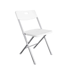 White resin folding chair with molded seat and backrest, silver metal legs
