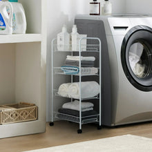 White 4-tier rolling laundry cart with wire shelves and caster wheels in laundry room