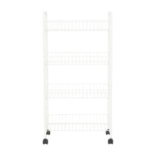 White 4-tier rolling laundry basket cart with four wire shelves and caster wheels