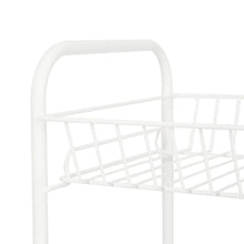 White metal laundry cart frame with curved top handles and wire shelf tiers