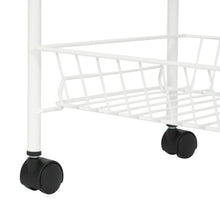 White rolling laundry cart with wire shelves and black caster wheels