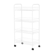White 4-tier rolling metal laundry basket cart with four wire shelves and handles