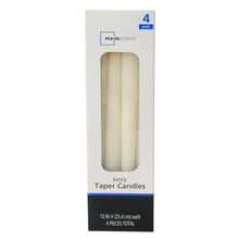 Ivory taper candles 4-pack box with unlit tapered candles inside