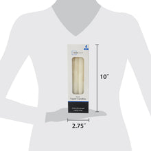 Ivory taper candle 4-pack box with size guide over person silhouette