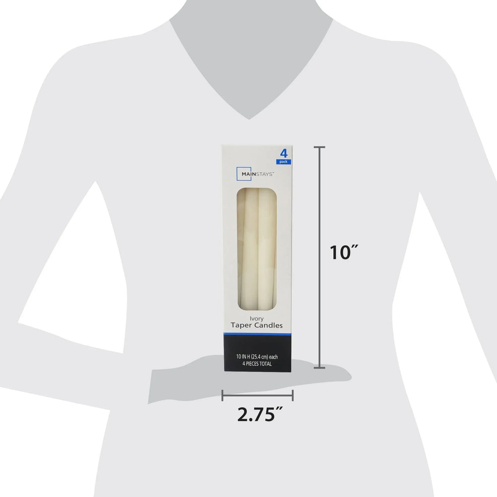Mainstays Single Wick 10" Taper Candle, Unscented, Ivory, 4 Pack - USA MEGA SHOP