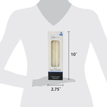 Ivory taper candles 4-pack box shown with model size guide