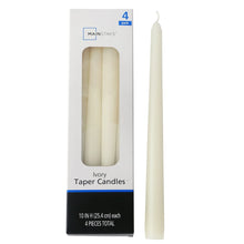 Ivory taper candles, single wick, 10 in, 4-pack in retail box with one candle